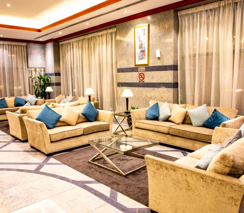 Reception area at a hotel apartment in Dubai with modern interiors and welcoming guest services